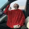 Suéter Rojo de Punto Trenzado Retro Cuello Redondo para Hombre Otoño Invierno Talla Grande Holgado Ropa de Pareja Prenda Base de Punto