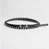 Cinturón fino punk de doble hebilla para mujer, decorado con ojales metálicos y remaches, adecuado para combinar con jeans y faldas, cinturón holgado de doble hebilla