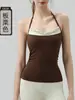 Top tipo camisola de cuello halter para mujer, estilo americano sexy de encaje, imitación de dos piezas, top de tirantes para yoga con copas fijas, ropa de fitness