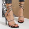 Stock Listo Tacones Europeos y Americanos Talla Grande Zapatos de Verano Correa con Pedrería en Forma de Serpiente Zapatos de Mujer Punta Abierta Tacón de Aguja Sandalias Romanas