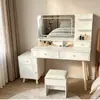 Penteadeira Minimalista Nórdica com Espelho, Armazenamento Multifuncional, Mesa de Maquiagem e Banqueta para Quarto, Espelho de Beleza Integrado em Madeira Maciça com Luz Suave