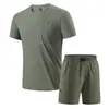 Transfronteiriço -2025 Terno SMS de Seda Gelada Masculino Verão Fino Respirável Elástico Fresco Camiseta Shorts Roupa Esportiva Casual