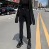 Jeans Reta Cinza Preto Cintura Alta Feminino 2024 Outono/Inverno Novo com Forro de Lã Pequeno Nove Pontos Slim Slim Slim Fit Calça Tubo Fumaça