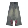 Estilo americano retrô high street listrado contraste cor costura workwear jeans perna larga marca da moda masculina solto reto calças casuais