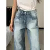 Jeans Rectos Anchos Cropped para Mujer Petite 2024 Nuevo Estilo Americano Azul Lavado Retro XS