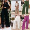 Em Estoque 2026 Verão Europeu e Americano Aliexpress Amazon Casual Calça Longa Ampla de Algodão e Linho Popular de Cintura Alta Solta para Mulheres