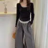 Camiseta de manga larga para mujer de talla grande, otoño, corte ajustado, bloques de color, casual y elegante, con un diseño de hombros favorecedor