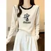 Camiseta feminina com color block de nicho, corte regular, gola redonda, manga longa, novo estilo 2026, moderna e chique, top 100% algodão, segunda pele, coleção de outono