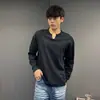 Camiseta de otoño e invierno para hombre, de manga larga, con cuello en V y canalé vertical, corte holgado, ropa de gimnasio, deportiva, peso pesado, versátil para entrenar
