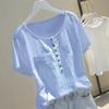 2025 Nueva Camiseta de Verano de Algodón y Lino de Manga Corta para Mujer Estilo Coreano Suelta Cubre Vientre Adelgazante Cuello V Blanca Manga Corta Top Ligero