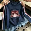 Camiseta de algodão puro para meninas, color block, manga longa, corte solto, novo estilo 2026, cartoon moderno, versão coreana, camiseta básica para crianças maiores