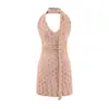 Vestido Curto de Verão Estilo Resort Retrô Francês com Bolinhas, Decote Halter em V, Cintura Marcada e Pregas, Novo, Slim Fit, Hot Girl