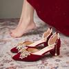 Zapatos de boda para mujer 2024, punta puntiaguda, diamantes de imitación, tacón bajo, tacones de aguja, estilo chinoiserie, para novia, tacones altos rojos.