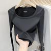 Camiseta de manga larga con cuello cuadrado grande para mujer, novedad de 2023, cuello cuadrado grande, color liso, ropa interior sencilla, corte entallado, camisa corta.