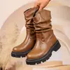 Botines elegantes, que aumentan la altura, de talla grande, botas de cuero antideslizantes, botas de media pantorrilla para mujer, colección otoño/invierno 2026, de suela gruesa, plisadas, de moda