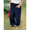 Jeans Rectos de Color Azul Oscuro con Bordado Floral Colorido para Mujer, Otoño e Invierno, Tallas Grandes, Cintura Alta, Adelgazantes, Pantalones Anchos Sueltos