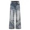 Jeans de pierna ancha con pliegues tridimensionales degradados lavados estilo americano, pantalones holgados retro de cintura alta de nicho adecuados tanto para hombres como para mujeres