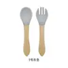 Garfo e Colher de Silicone para Bebê Aprender a Comer, Colher Macia para Dentição Infantil, Utensílios de Silicone de Grau Alimentício para Alimentação Complementar, Colher de Madeira com Cabo para Bebê