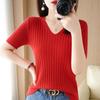 Verão novo v-neck malha manga curta feminina slim-fit elegante meia manga coringa simples candy cor camiseta atacado