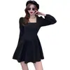 Vestido Corto Plisado de Manga Abullonada Cuadrada Estilo Hepburn Francés para Mujer Petite, Elegante de Cintura Alta Línea A, para Primavera y Otoño