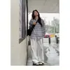 Camisa a Cuadros de Contraste Gris Azul Dulce y Fresca Estilo Americano para Mujer, de Manga Larga, Versátil, Linda, Casual, Para Capas de Primavera, Atuendo Estilo Sal
