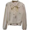 [Bizheng] Nueva Camisa Dulce de Manga Larga Estilo Coreano Otoño 2025 + Chaleco de Punto con Lazo de Perlas para Mujer 4780