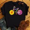 Moda feminina engraçada flor bicicleta top moda feminina preta verão gola redonda camiseta feminina manga curta