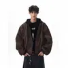 Chaqueta de Cuero Sintético Doble Pieza Estilo Retro Americano Bomber Tie-dye con Capucha Estilo Granja Piloto Superior para Hombre