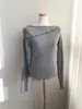 En stock coreana chic temperamento de principios de otoño botón lateral adorno cuello acanalado solapa abertura manga larga camiseta mujer 17639