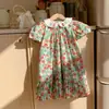 Vestido Infantil com Gola Peter Pan Bordada de Morango Estilo Verão 2026 Doce Vestido Bolo Infantil Elegante Vestido de Bebê de Manga Curta