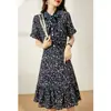 Vestido de Seda de Longitud Media para Fiesta de Té de Verano para Mujer 2026, Vestido de Seda Estilo Sirena con Lazo y Estampado Floral