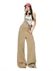 Yechuan # Peto Recto Color Caqui para Mujer, Mono de Mezclilla Versátil Holgado de Cintura Alta Estilo Retro Americano con Pantalones de Pierna Ancha.