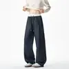 Pantalones de chándal de peso pesado con caída, cuadros oscuros, para hombre, modernos, holgados, talla grande, pierna recta, pantalones de moda versátiles, cintura elástica con cordón, pantalones largos