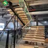 Escaleras de Estructura de Acero en Forma de U Personalizadas de Exportación, Escaleras de Estructura de Acero al Carbono con Barandillas de Vidrio y Peldaños de Haya Importada