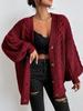 Cárdigan Amazon Europeo y Americano Twist Cuello en V Color Sólido Otoño Invierno Estilo Lazy Manga Linterna Suelto Un Botón Chaqueta Suéter para Mujer