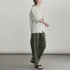 Camisa de Algodão Pima Verde com Linho Francês, Processo de Encolhimento Salino, Listrada, Gola Alta, para Mulheres