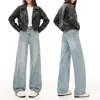 Direto do fabricante, jeans feminino azul claro, novo estilo outono/inverno 2026, corte reto solto, calça versátil de perna larga para pessoas baixinhas
