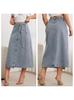 Saia Jeans Feminina Europeia e Americana Transpassada Elegante com Amarração Lateral Estilo Solto Vintage com Fenda Saia Jeans Feminina de Comprimento Médio