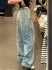 Jeans retro americanos con estampado de salpicaduras y efecto desgastado para mujer, nuevo diseño de otoño 2027, corte holgado, efecto adelgazante, pantalones de pierna ancha modernos