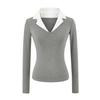 Camiseta de Manga Longa com Gola de Camisa Spliced Falsa de Duas Peças para Mulheres Outono Nova Slim Americana Curta Color-Blocked Camisa Base