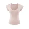 Camiseta de Manga Corta con Dobladillo Curvo Estilo Europeo y Americano Picante para Mujer, Diseño Puro y Sexy con Cuello en U, Acentúa la Forma del Busto, Top Elástico Ajustado