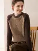 Novo Suéter de Outono Feminino Gola Redonda Blocos de Cor Trançado Jacquard Cashmere Pulôver Manga Longa Camada Base Tricô Feminino