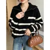 OEM2026 Otoño/Invierno Nuevo Jersey de Punto a Rayas de Talla Grande con Media Cremallera y Cuello de Solapa para Mujer, Tejido Holgado y Adelgazante
