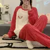 Pijama Feminino Inverno Flanela Bordado Quente e Doce Desenho Animado Menina Transmissão Ao Vivo Popular Conjunto para Usar em Casa Pode Ser Usado Fora