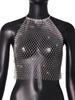 Ins2025 Popular en Europa y América Malla con Pedrería Sin Mangas Negro Ajustado Cuello Halter Espalda Descubierta Camiseta Sin Mangas para Mujer 20569