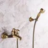 Traje de ducha retro simple estilo europeo de cobre antiguo, grifo de agua caliente y fría, boquilla de mano triple montada en la pared de la bañera