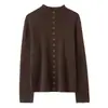 Suéter de malha feminino 100% caxemira outono e inverno, novo, corte solto, cor sólida, com contas feitas à mão, barra enrolada, gola semi-alta, designer