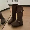 Estilo piel de oveja, marrón Melard, con plataforma para aumentar altura, botas altas hasta la rodilla, botas elásticas ajustadas para mujer, botas estilo vaquero occidental