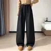 Calça Lã Grossa Forrada com Fleece Cinza Escuro de Perna Larga para Mulheres, Outono e Inverno, Cintura Alta Elástica, Calça Longa Reta Emagrecedora com Efeito de Caimento A8541