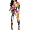 Roupa Feminina Transfronteiriça Europeia e Americana Atacado Novo Terno Casual Combinação de Cores Estampado Camisa de Lapela de Manga Comprida Calças Casuais Conjunto de Duas Peças
